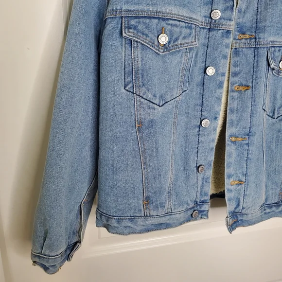 Brandy Melville John Galt Blue Medium Wash Corduroy Collar Sherpa Denim Jacket - Picture 4 of 9